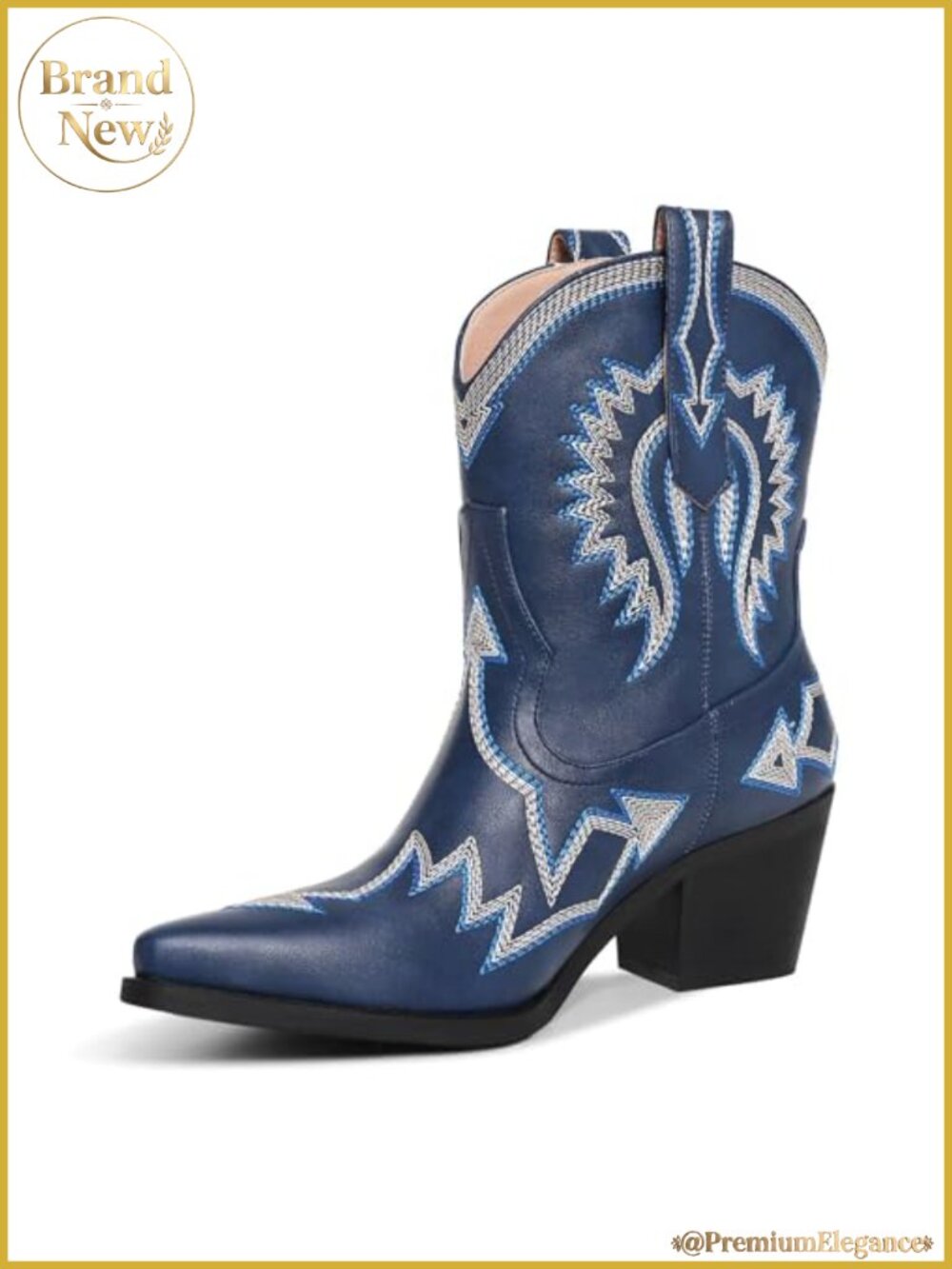 Western Ankle Cowboy Boots Chunky Pointed Toe Wide Calf Faux Leather